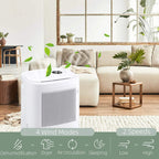 White dehumidifier with front air grille and caster wheels in a bright living room