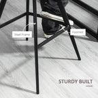 Bar stool showing steel frame legs and built-in footrest under dark grey upholstered seat