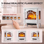 White electric fireplace stove showing glowing logs behind arched 3-sided glass