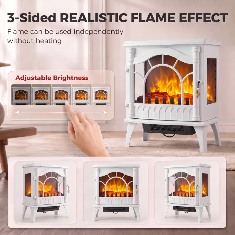 White electric fireplace stove showing glowing logs behind arched 3-sided glass