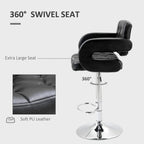 Black 360-degree swivel bar stool with thick padded seat, PU leather, round metal base