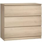 Oak 3-drawer chest with horizontal drawer fronts and wide flat top surface.