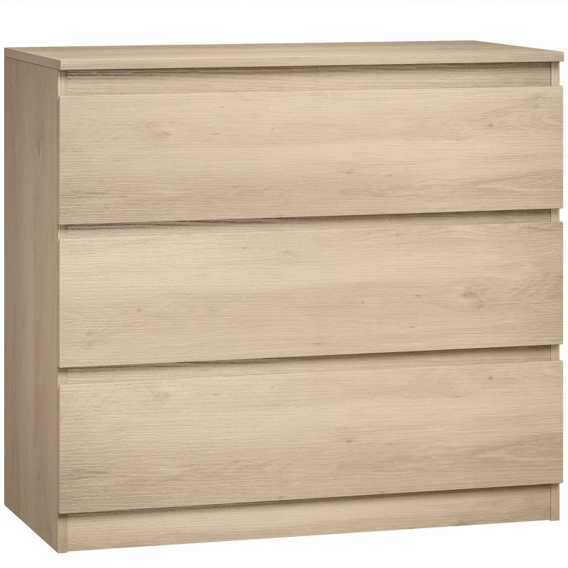 Oak 3-drawer chest with horizontal drawer fronts and wide flat top surface.