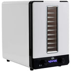 White 11-tray food dehydrator with front observation window and digital timer display