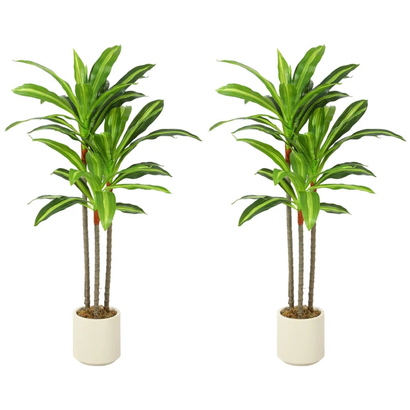 Green artificial dracaena tree with bendable trunks in a white planter pot.