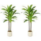 Green artificial dracaena tree with bendable trunks in a white planter pot.