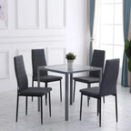 Grey high-back dining chairs with linen-touch upholstery around a dining table