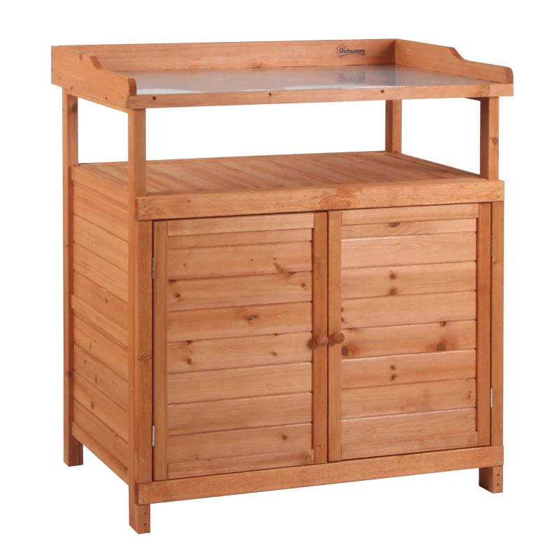 Wooden potting bench table with storage cabinet and orange galvanized worktop