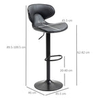 Grey bar stool with adjustable height, showing seat and base size measurements