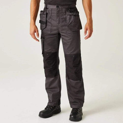 Iron grey work trousers with holster pockets, knee panels, and secure waistband