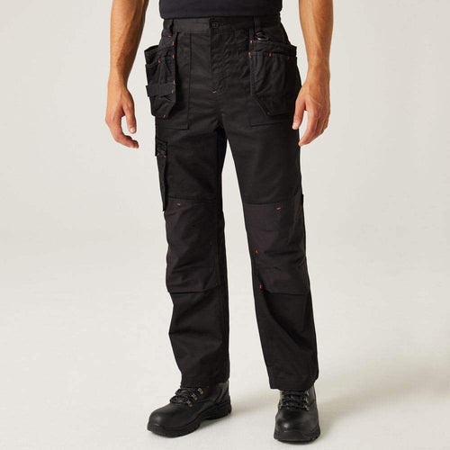 Men's black cargo trousers with multi-pocket holster design and belt loops