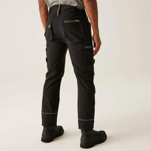 Black tactical trousers with front cargo pockets, belt loops, and ankle cuffs
