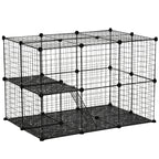 Black wire pet playpen enclosure with stacked platforms, two ramps, and multiple doors