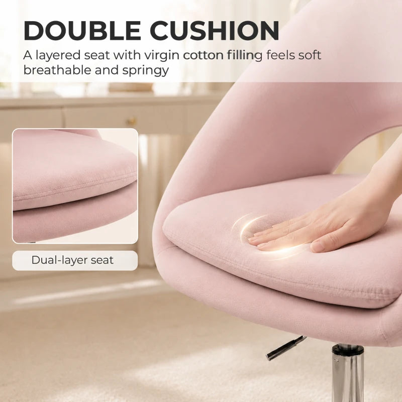 Pink velvet desk chair with dual-layer cushioned seat and rounded armrests