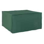 Rectangular patio furniture cover, waterproof green fabric with stitched seams and corner tie points.