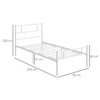 White metal single bed frame with headboard, footboard, slat base; 31 cm under-bed clearance