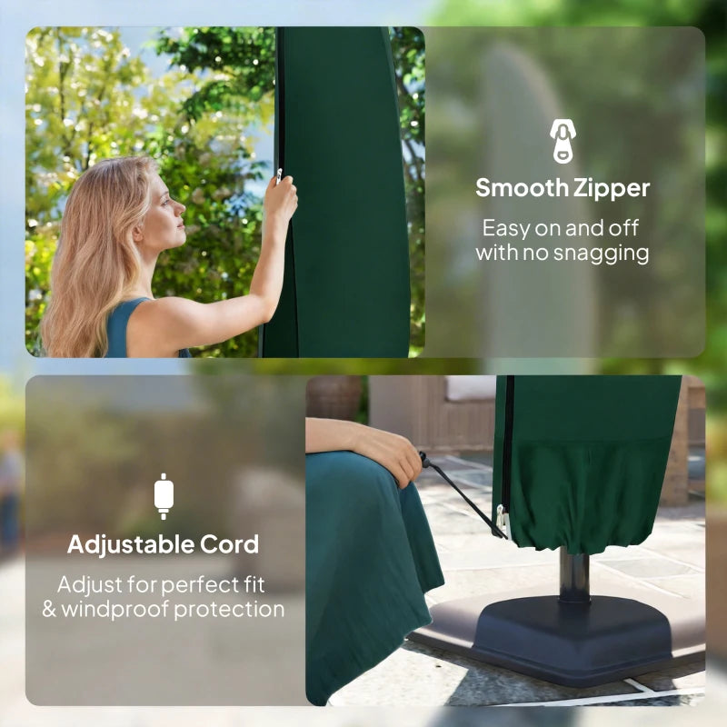 Green umbrella cover with smooth zipper opening and adjustable cord at hem