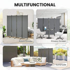 Dark grey privacy room divider with four hinged panels and vertical metal posts