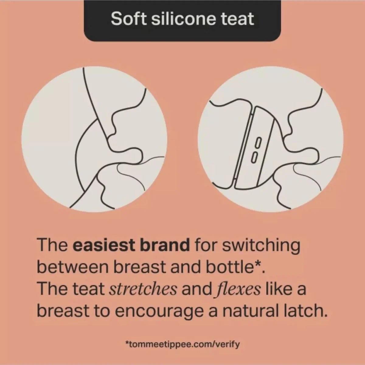 Soft silicone baby bottle teat with valve insert, product diagram