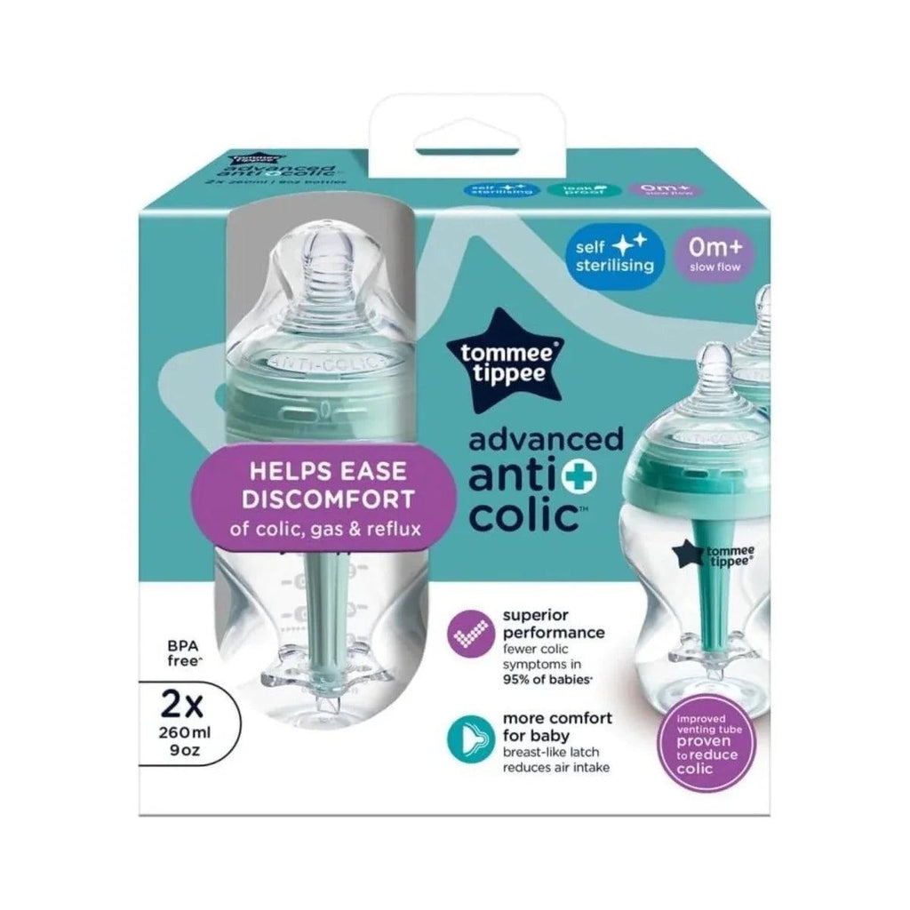Tommee Tippee anti-colic baby bottle packaging box, 2x 260 ml shown