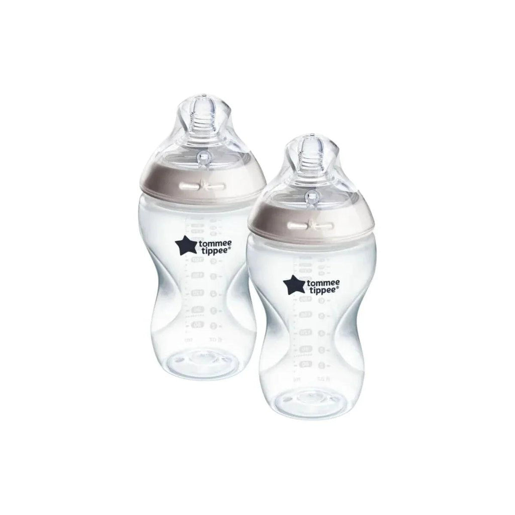 Tommee Tippee baby bottle set: two clear 340ml bottles with soft white teats