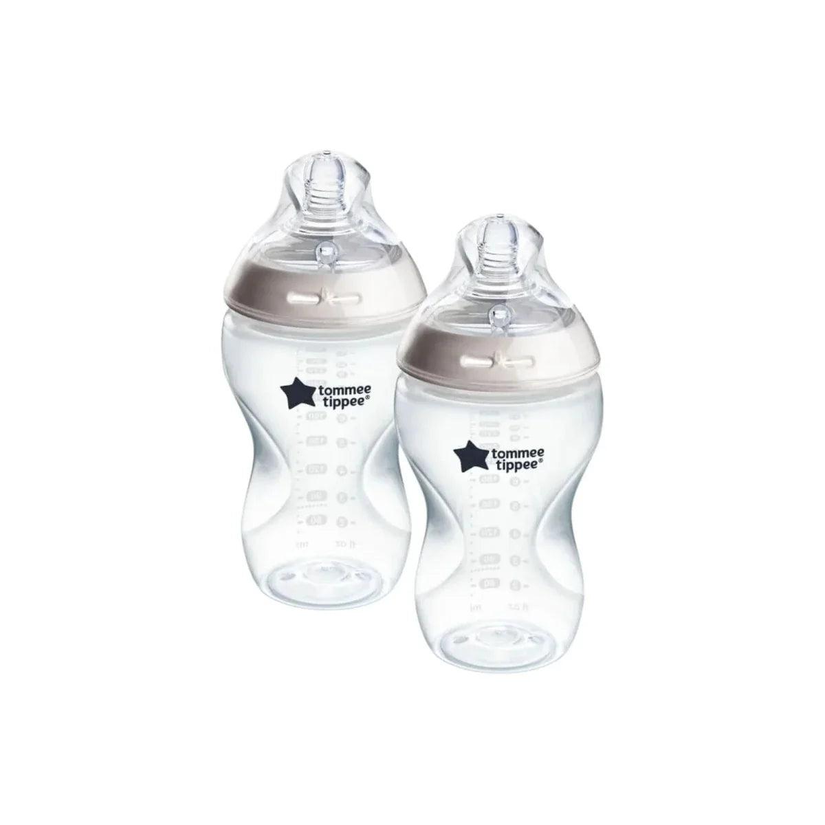 Tommee Tippee baby bottle set: two clear 340ml bottles with soft white teats