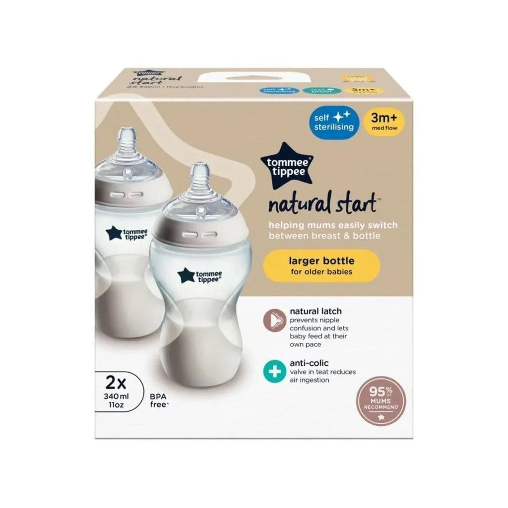 Tommee Tippee 340ml baby bottle pack box with two clear bottles shown