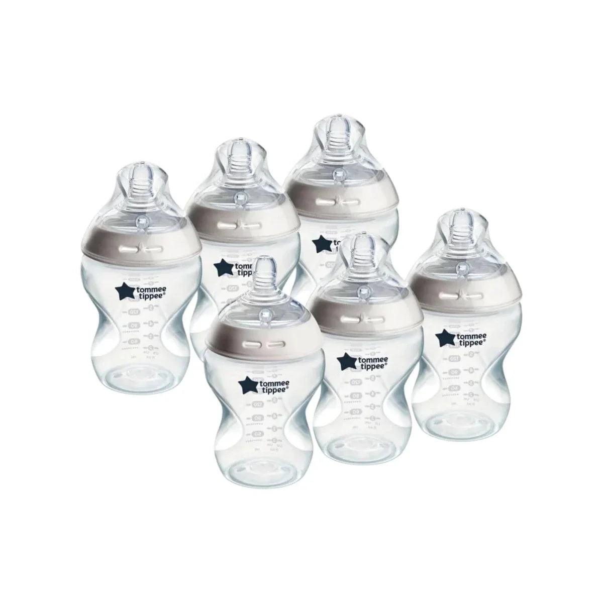 Tommee Tippee baby bottle set, 6 clear 260 ml bottles with anti-colic teats