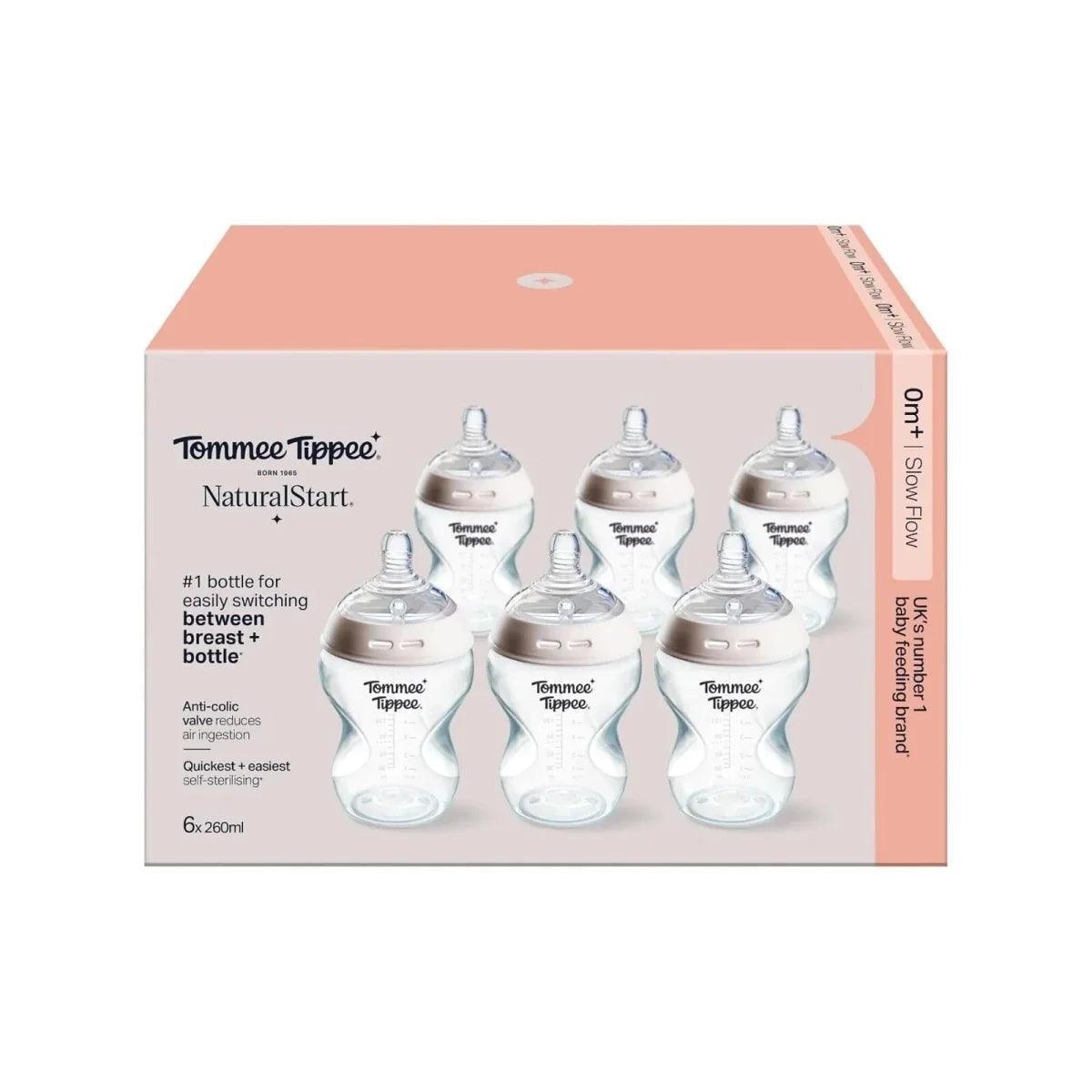 Tommee Tippee bottle pack box showing six 260 ml NaturalStart bottles