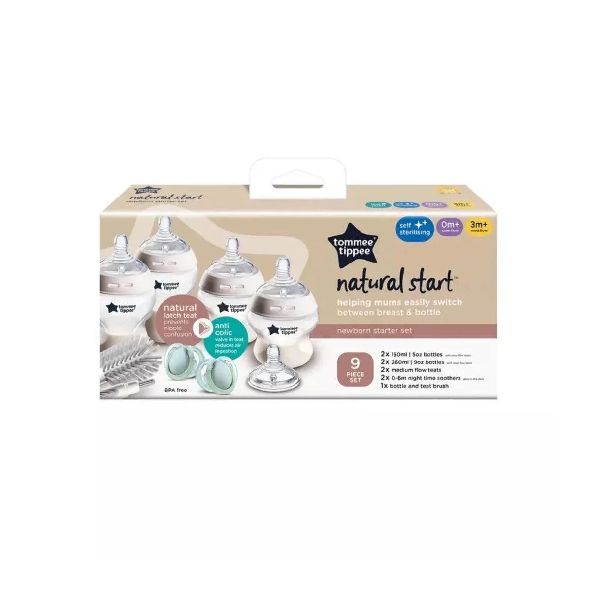 Natural start newborn starter kit box with multiple baby bottles and accessories