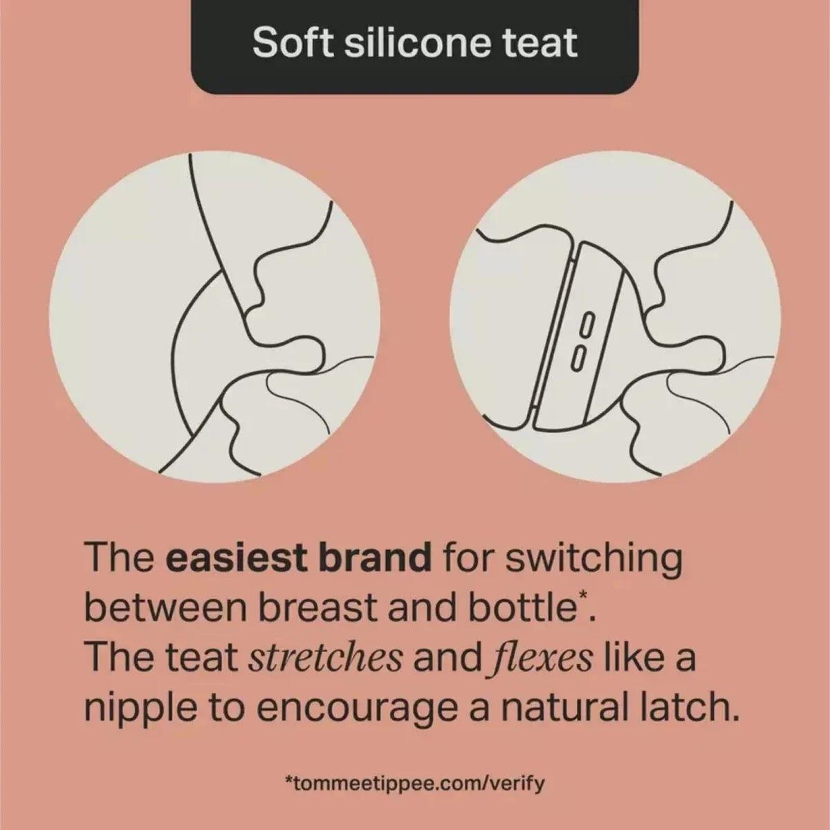 Soft silicone baby bottle teat for switching between breast and bottle