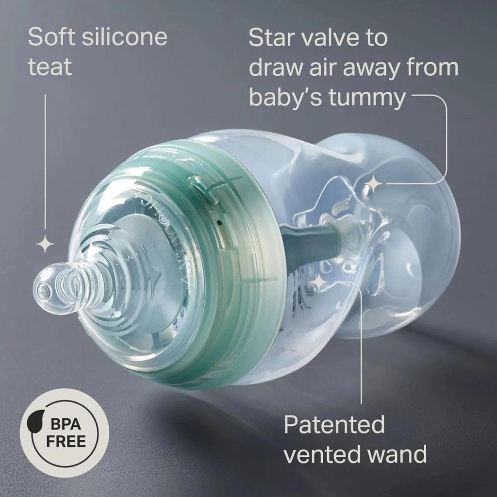 Anti-colic baby bottle close-up with soft silicone teat and vented wand