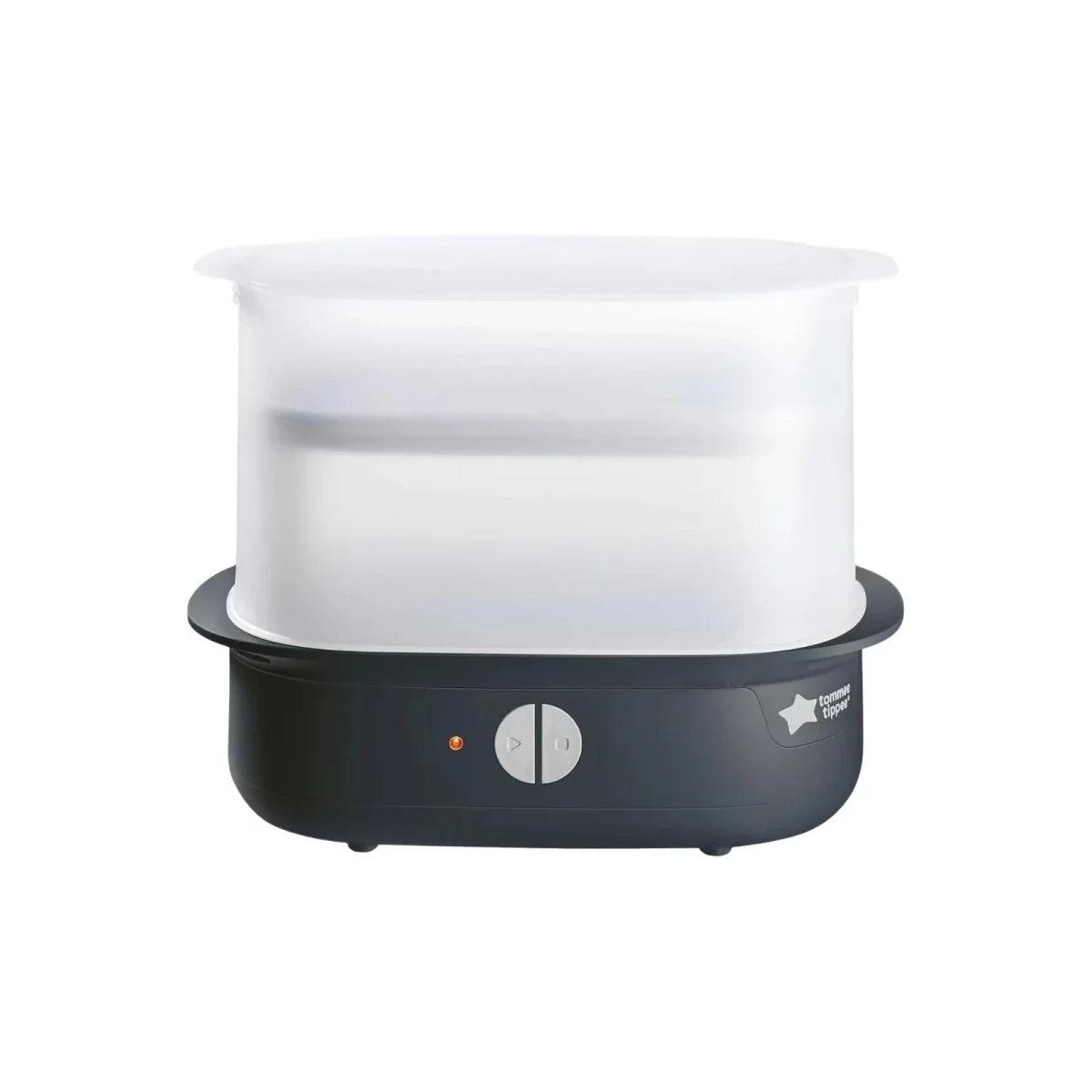 Black electric steam steriliser with white sterilising lid and control panel
