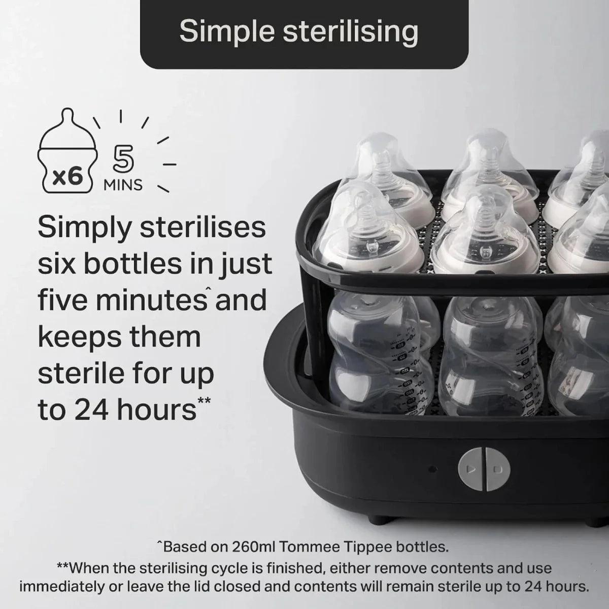 Electric steam steriliser base holding six baby bottles with clear teats