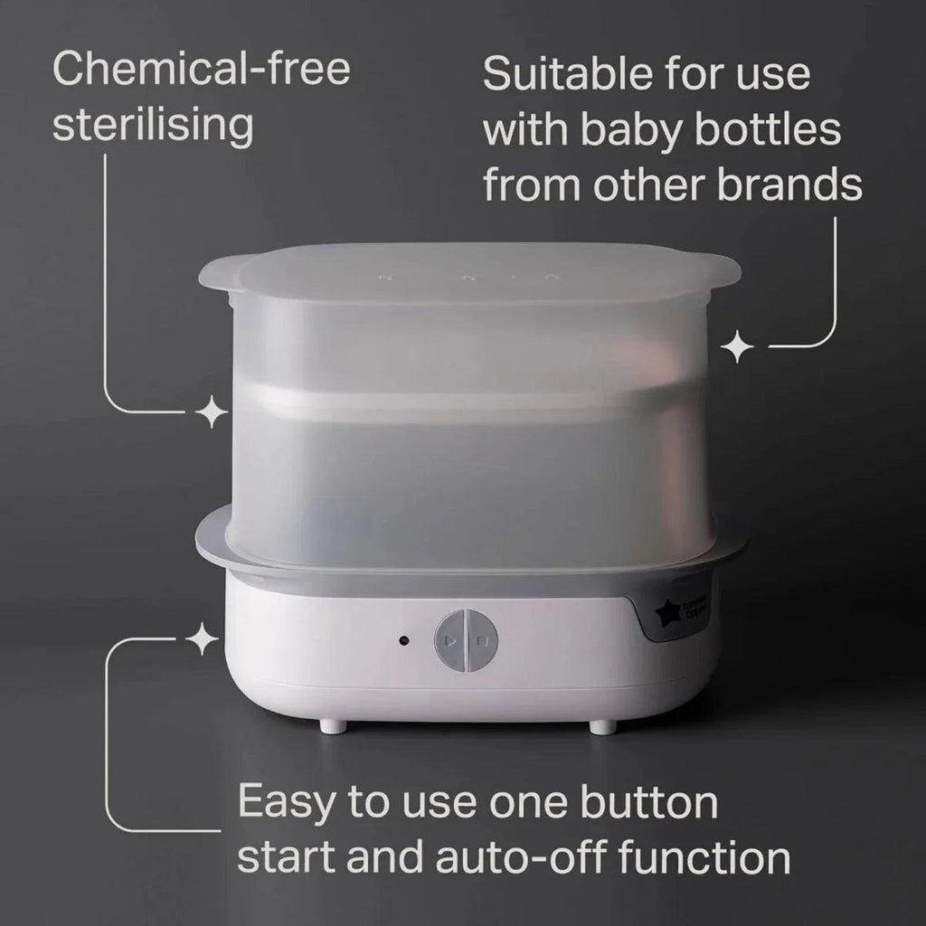 White steam steriliser with translucent chamber and one-button control