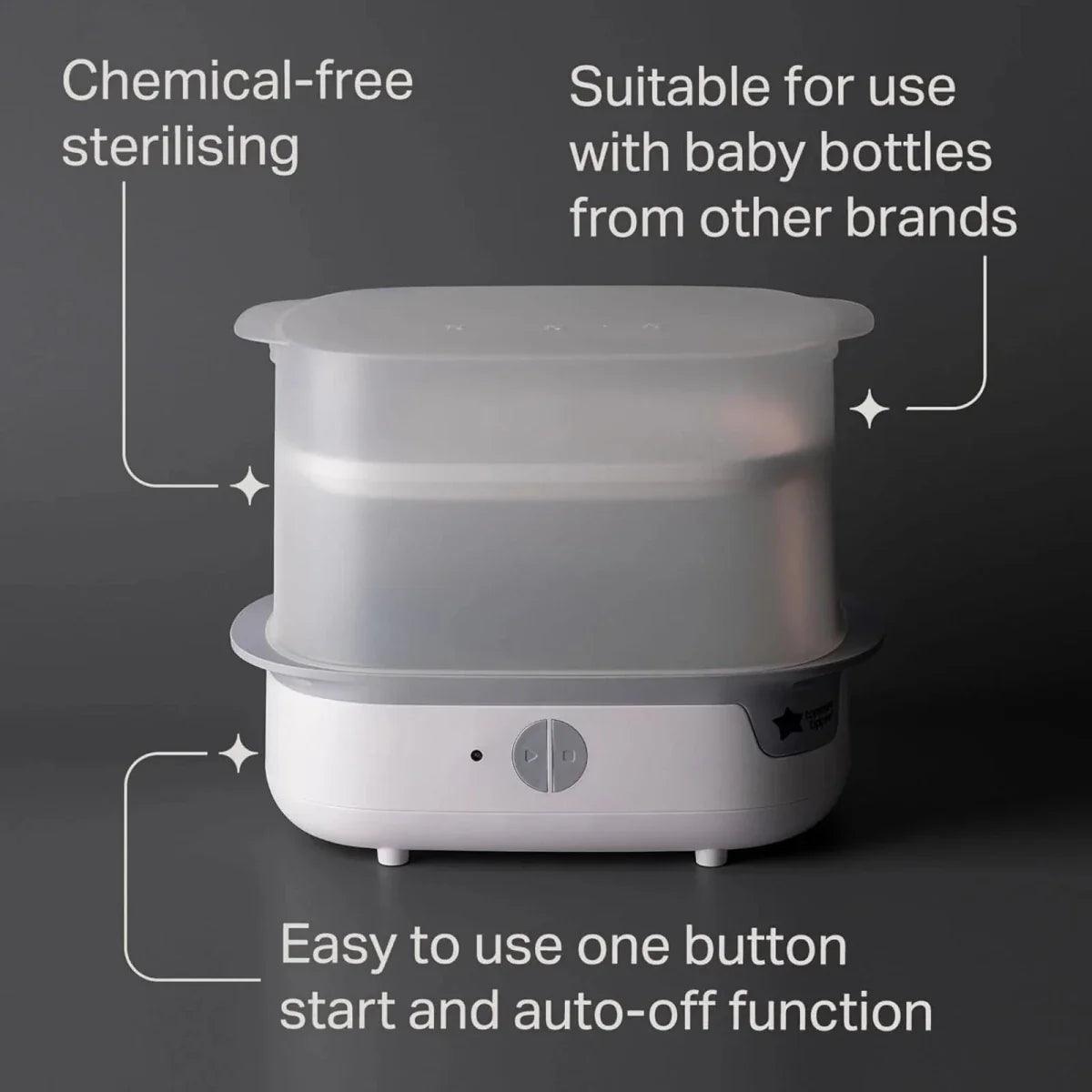 White steam steriliser with translucent chamber and one-button control