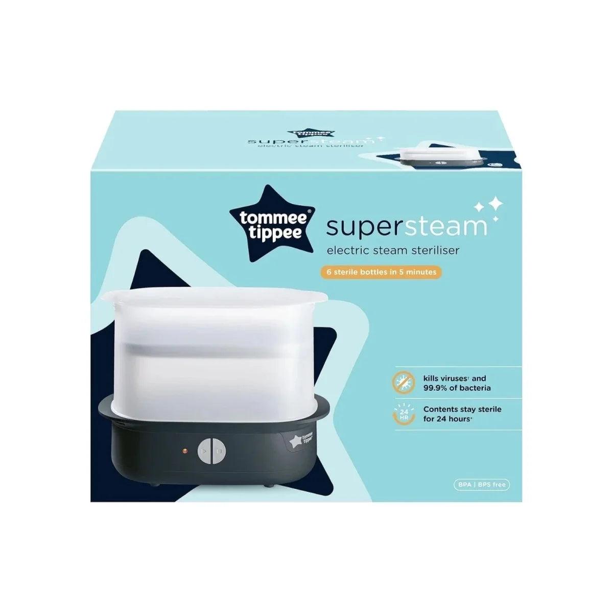 Tommee Tippee supersteam electric steriliser retail box showing black-base unit