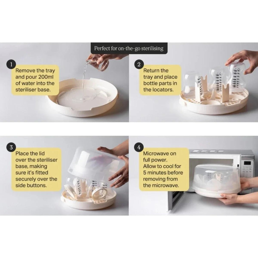 Microwave steam steriliser with lid and tray, ready for microwave heating