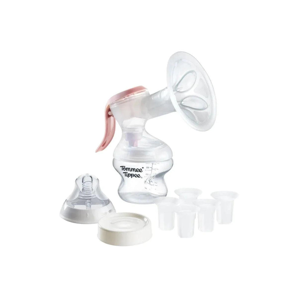 Manual breast pump with clear bottle, pink handle, and silicone funnel for pumping