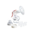 Manual breast pump with clear bottle, pink handle, and silicone funnel for pumping