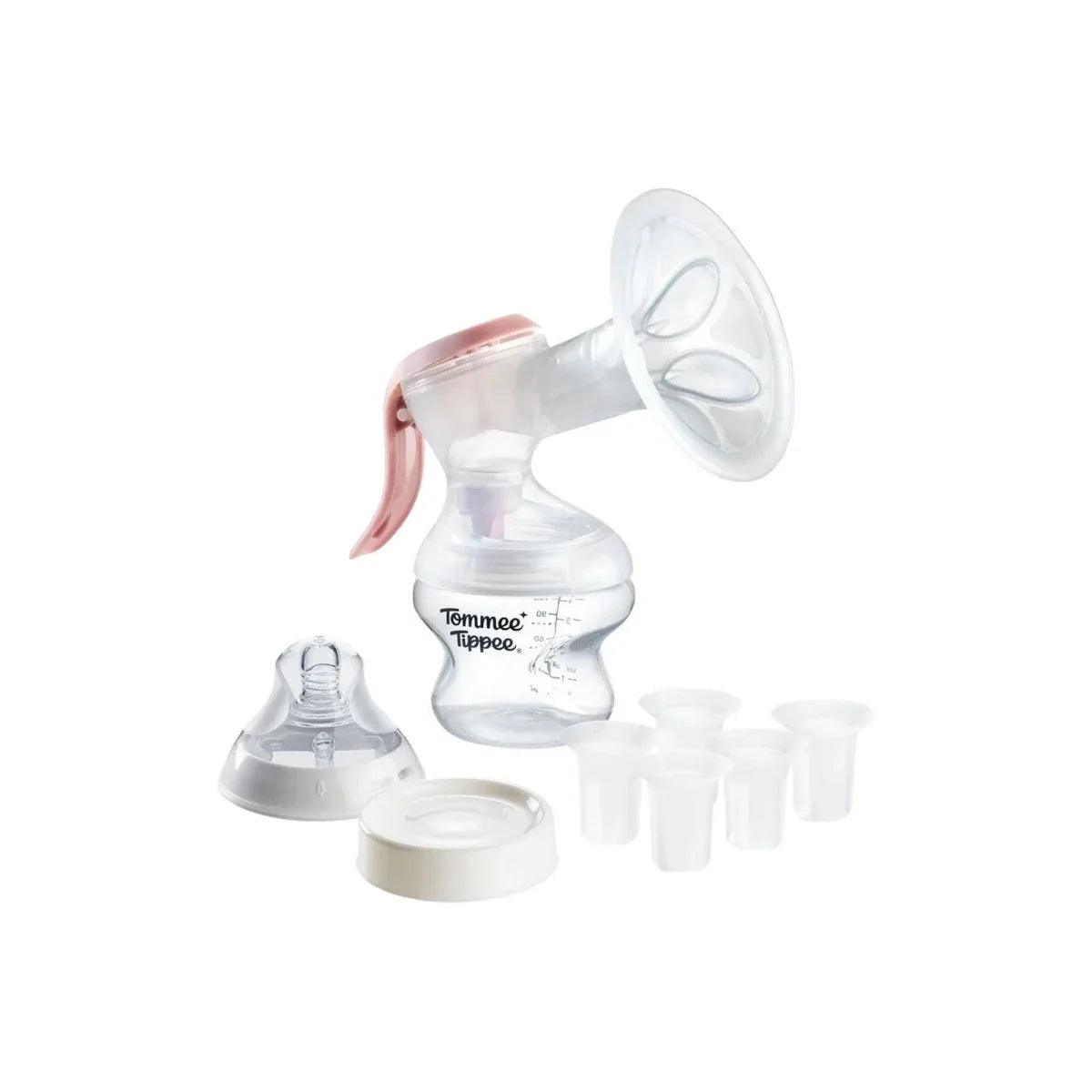 Manual breast pump with clear bottle, pink handle, and silicone funnel for pumping