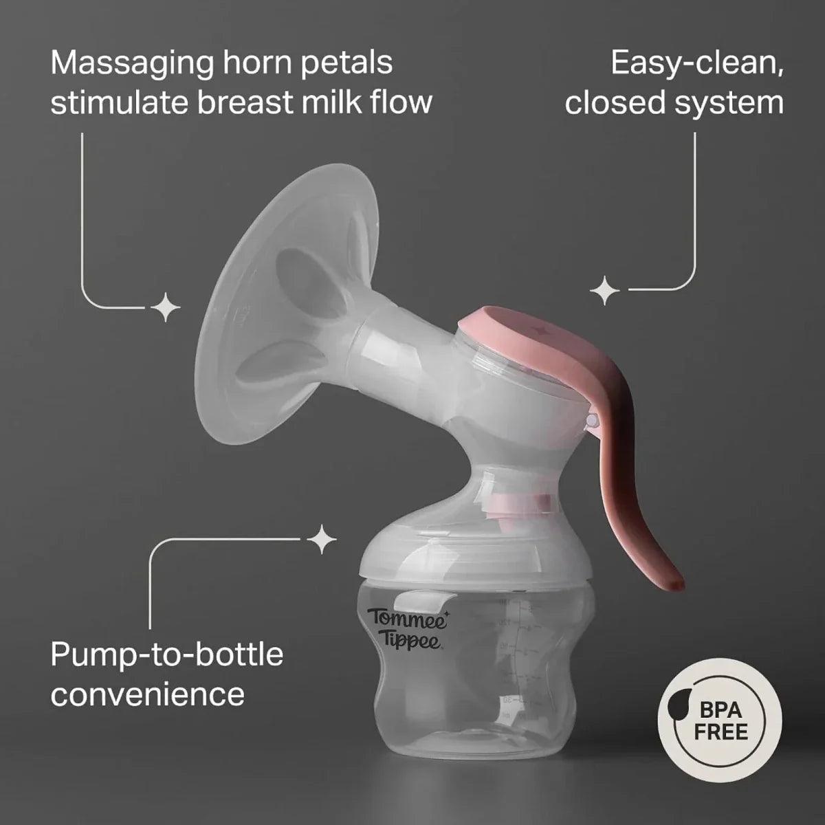 Manual breast pump with silicone horn petals, pump-to-bottle connection, BPA-free badge