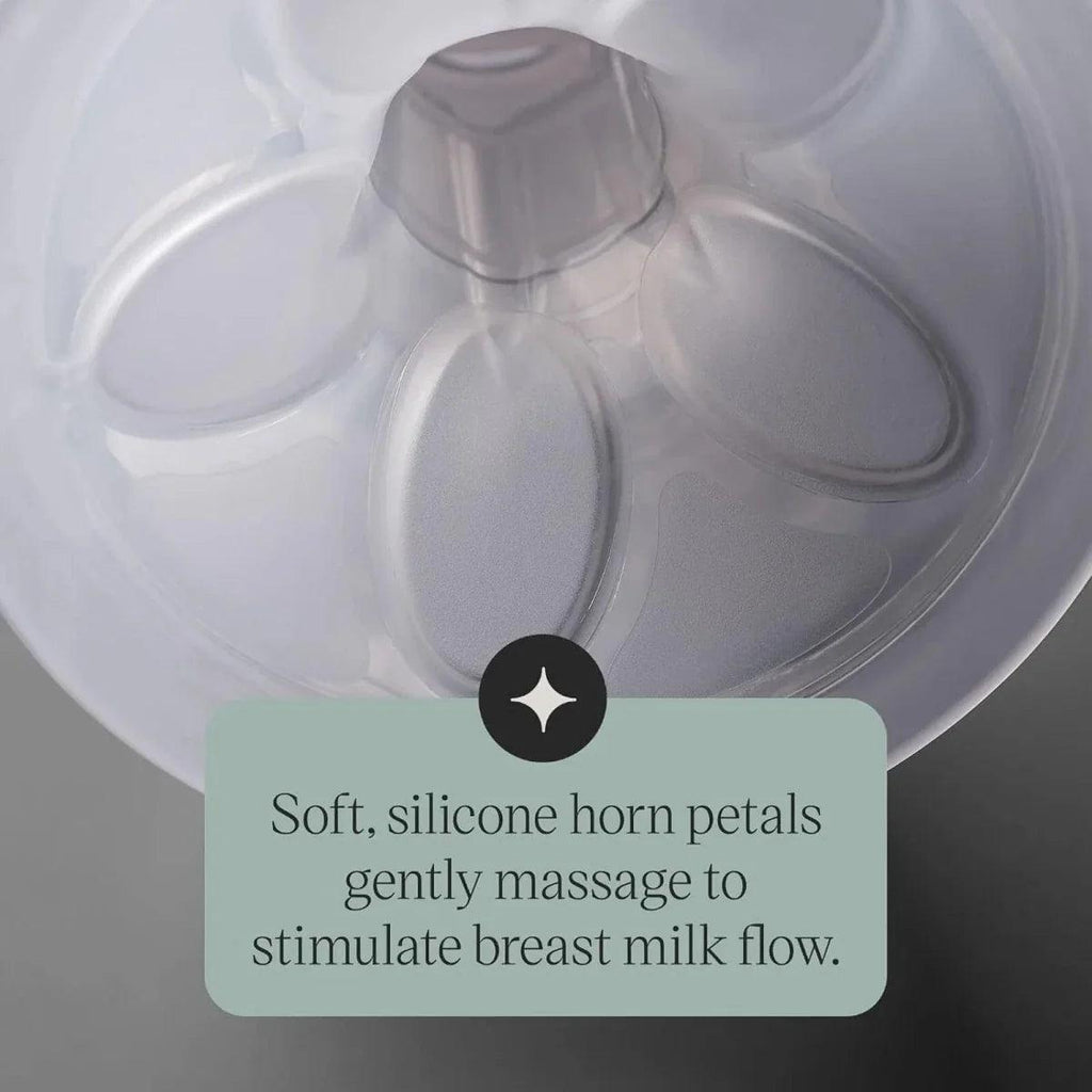Close-up of manual breast pump soft silicone horn petals on the funnel