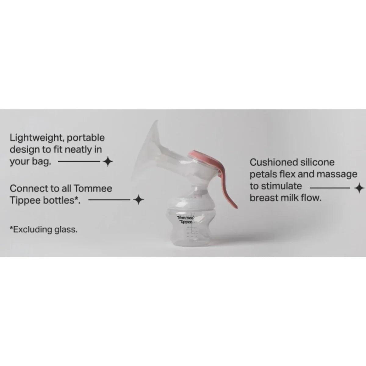 Manual breast pump with lightweight portable design and cushioned silicone horn petals