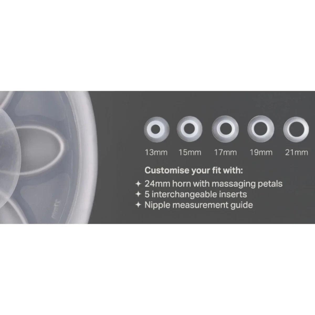Tommee Tippee manual breast pump sizing guide with 13–21mm inserts