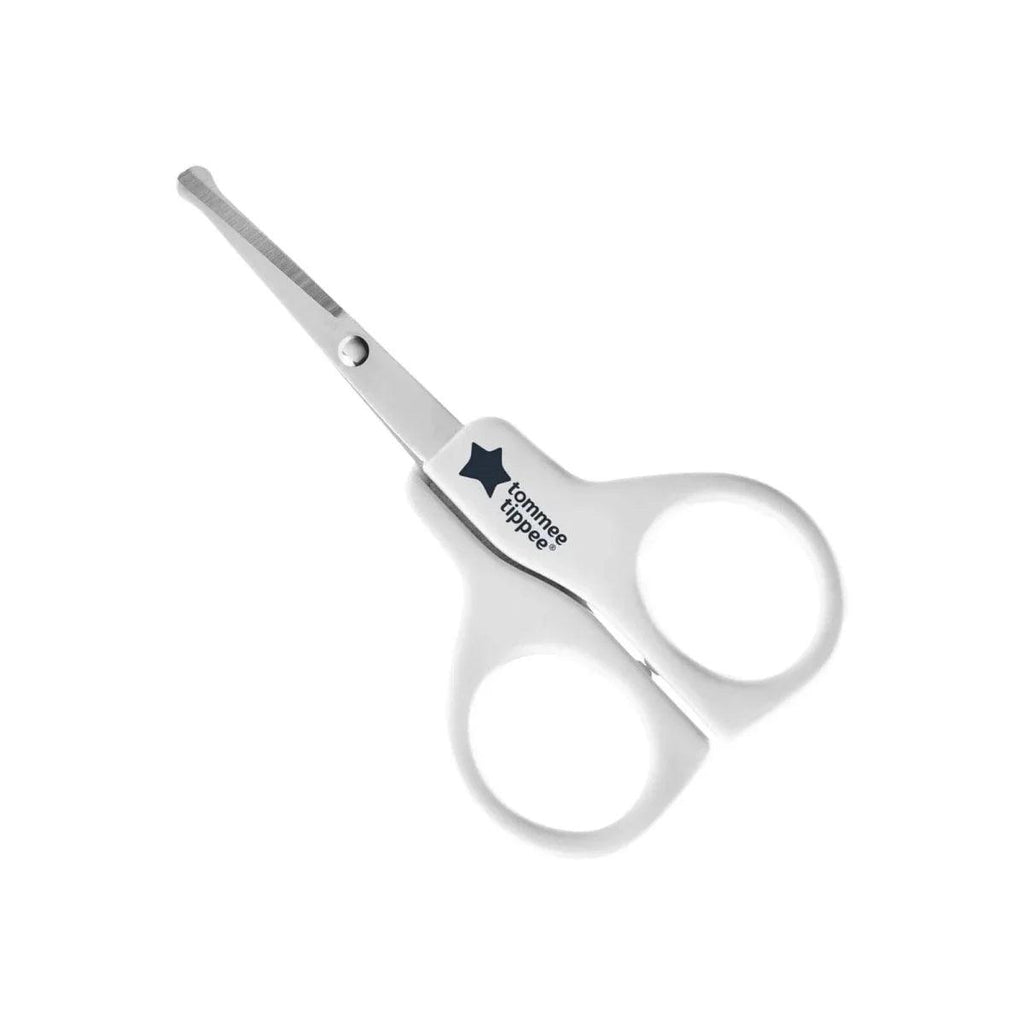 Baby scissors with white rounded finger loops and stainless blades