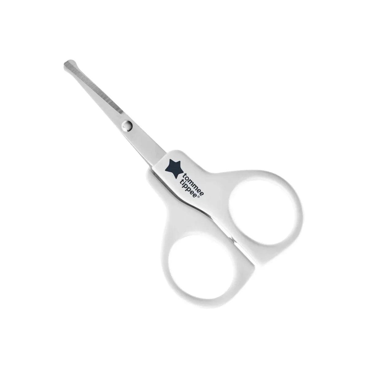 Baby scissors with white rounded finger loops and stainless blades
