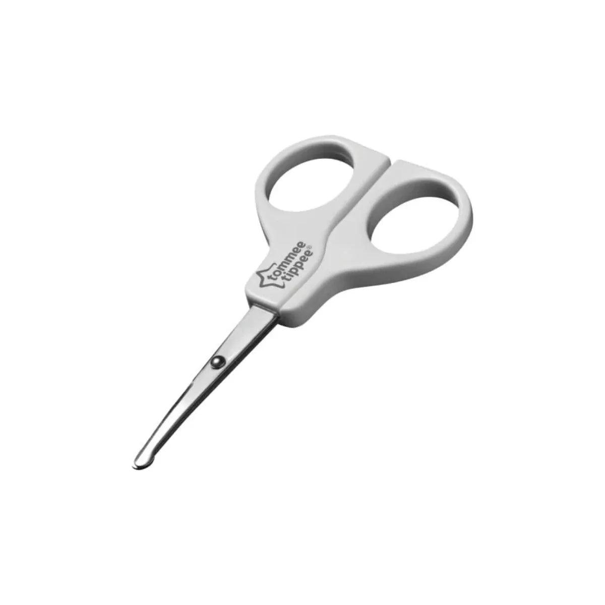 Baby scissors with white finger loops and metal cutting blades, pointed tip