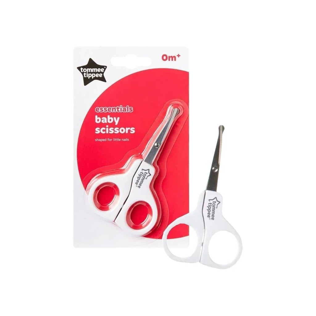 Tommee Tippee essentials baby scissors with white loop handles and silver blades