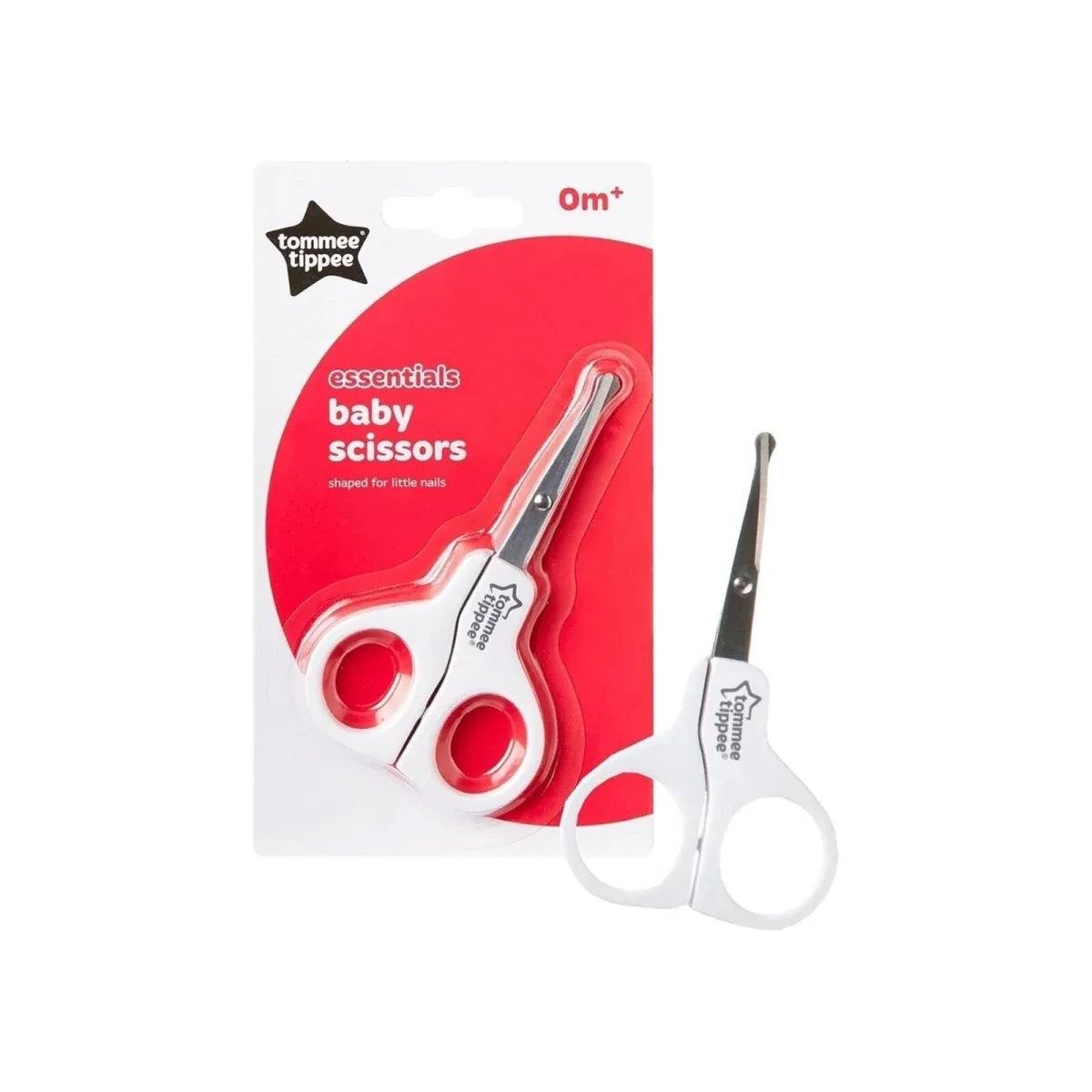 Tommee Tippee essentials baby scissors with white loop handles and silver blades